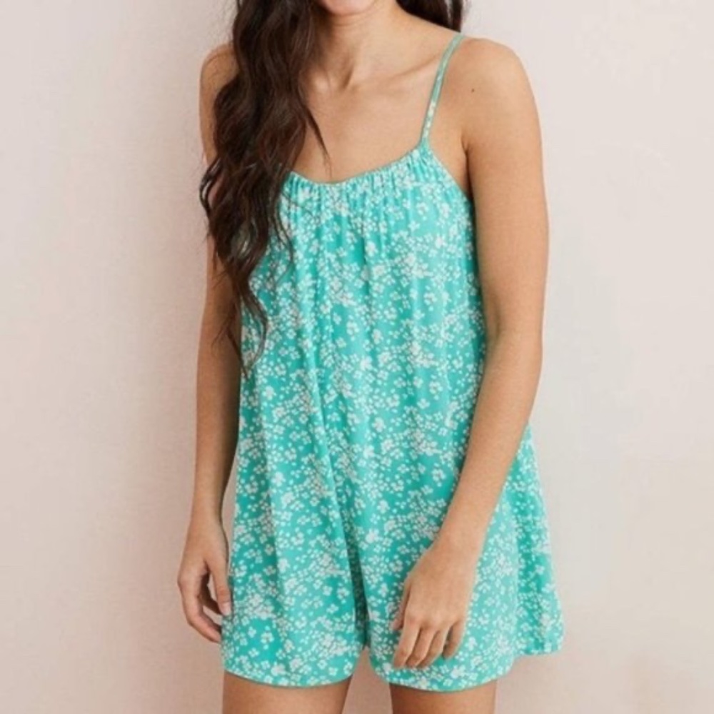 NWOT Aerie Adjustable Strap Floral Loose-Fitting Romper, Teal